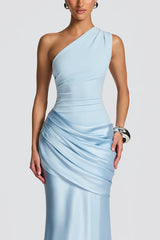Stylish One-shoulder Sleeveless Satin Draped Slim-fit Maxi Dress