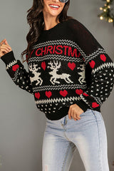 Christmas Elk Heart Shaped Round Neck Long Sleeve Loose Knitted Sweater
