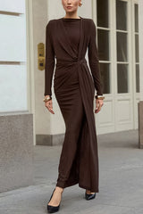 Solid Color Knit Long-sleeved Knotted Slim-fit Maxi Dress