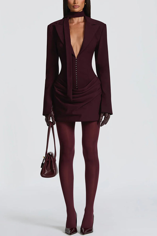 Solid Color Slim-fit V-neck Elegant Draped Formal Mini Dress