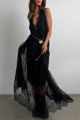 Fashionable Sheer Lace V-neck Backless Elegant Maxi Dress