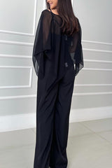 Vanie Chiffon Cape Batwing Sleeve Top and High Waist Pocket Wide Leg Pants Set
