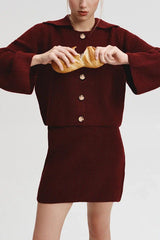 Fashion Lapel Bell Sleeve Knitted Cardigan and Casual Mini Skirt Set
