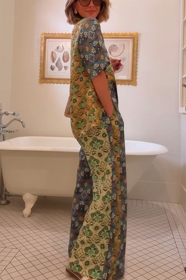 Colorblock Linen Blend Floral Print Short Sleeve Loose Blouse and Elastic Waist Pocket Wide Leg Pants Set