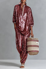 Holiday Honey Sequin Striped Trim Half Sleeve Loose Shirt and Elastic Waist Pocket Wide Leg Pants Set