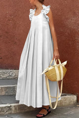 Solid Color Casual Round Neck Ruffled Holiday Loose Maxi Dress