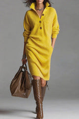 Solid Color Collared Button Pocket Loose Casual Knit Midi Dress