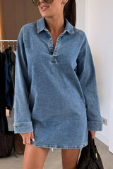 Fashion Lapel Long Sleeve Loose Denim Mini Dress