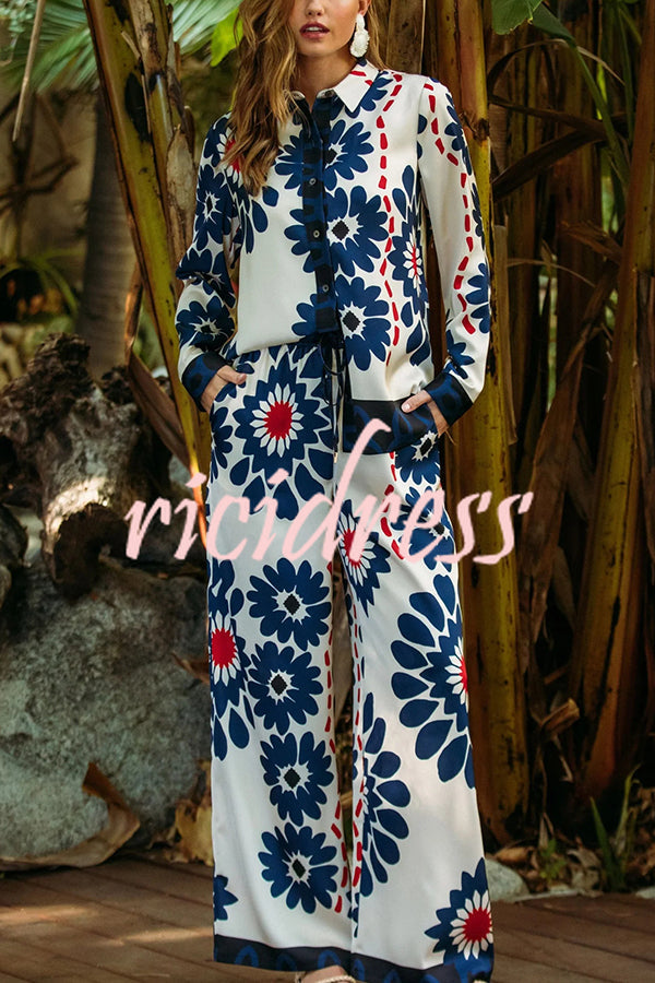 Unique Printed Lapel Long-sleeved Loose Shirt and Casual Pocket Wide-leg Pants Set