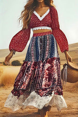 Unique Printed V-neck Long-sleeved Cropped Top and High-waisted Spliced maxi Skirt Set