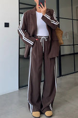 Levvie Striped Trim Long Sleeve Lapel Blazer and Rope Belt Pocketed Wide Leg Pants Set