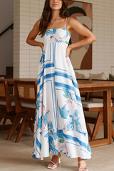 Botanical Print Halter Square Neck Pleated Loose Maxi Dress