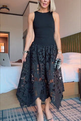 Atlas Asymmetric Ribbed-knit and Guipure Lace Back Zipper Midi Dress