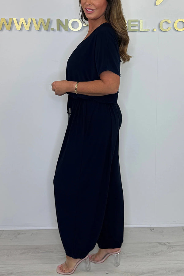 Solid Color V-neck Short-sleeved Waist-tied Loose Casual Jumpsuit