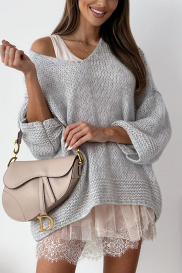 Solid Color Loose V-neck Casual Knitted Sweater