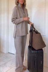 Alfia Ribbed Stand Zipper Neck Long Sleeve Sweatshirt and Button Elastic Waist Pocketed Loose Pants Set