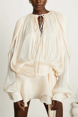 Ninah Glitter Fabric Pleated Balloon Sleeve Tiered Ruffle Hem Mini Dress