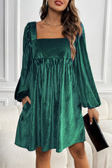 Solid Color Velvet Square Neck Long Sleeve Pocket Casual Mini Dress