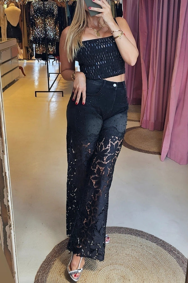 Fashionable Openwork Lace Patchwork Wide-leg Jeans