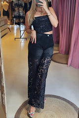 Fashionable Openwork Lace Patchwork Wide-leg Jeans