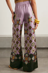 Satin Unique Print Loose Batwing Sleeve Top and Elastic Waist Pocket Casual Wide-leg Pants Set