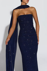 Pandra Glittery Crepe Fabric Off Shoulder Ruched Slit Cape Maxi Dress