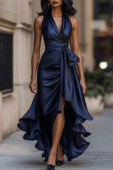 Solid Color Elegant V-neck Waist Irregular Ruffle Maxi Dress