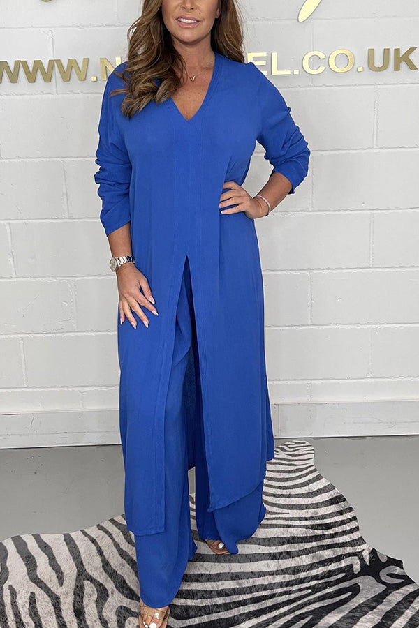 Classic Comfort V Neck Split Long Sleeve Top and Elastic Waist Flare Pants Set
