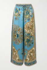 Satin Floral Print Loose Shirt and Elastic Waist Pocket Casual Wide-leg Pants