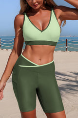 Stylish V-neck Pocketed Stretch Two-piece Bikini Swimsuit and Solid Color Long-sleeved Cover-up Set