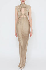 Genis Hollow Elastic Bust High Neck Sleeveless Gathered Maxi Dress