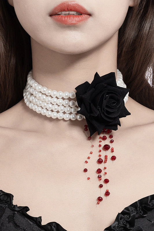Halloween Dark Blood-stained Pearl Beaded Rose Necklace