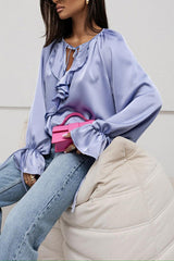 Satin Solid Color V-neck Tie Ruffle Casual Shirt