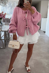 Solid Color Long-sleeved V-neck Lace-up Loose Knitted Sweater