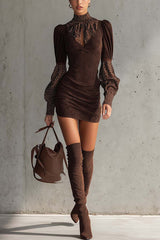 Stylish Suede Patchwork Slim-fit Long-sleeved Mini Dress