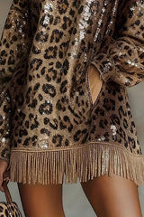 Stylish Leopard Print Sequined Turtleneck Long-sleeved Tassel Hem Loose Mini Dress