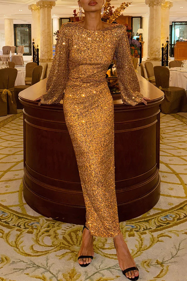 Shine Your Style Sequin Balloon Sleeve Back Drape Cowl Neck Maxi Dress