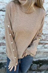 Solid Color Casual Turtleneck Button Decoration Long Sleeve Loose Knit Sweater