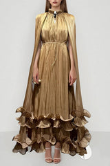 Fashionable V-neck Lace-up Ruffled Double-layer Hem Maxi Dress