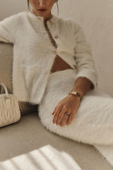 Solid Color Long-sleeved Button-pocket Knitted Jacket and Elegant Long Skirt Set