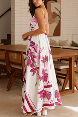 Botanical Print Halter Square Neck Pleated Loose Maxi Dress