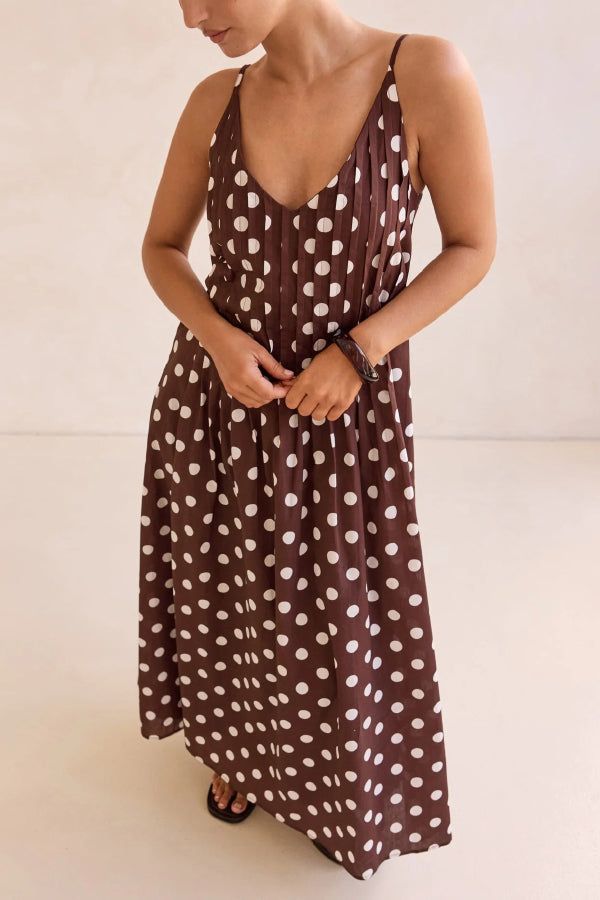 Polka Dot Print V-neck Pleated Casual Vacation Maxi Dress