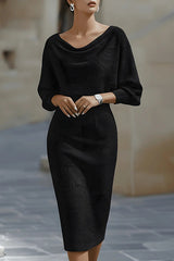 Solid Color Batwing Sleeve Fitted Wst Elegant Midi Dress