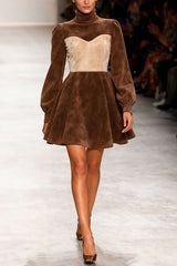 Stylish Suede Color-blocked Turtleneck Long-sleeved Mini Dress