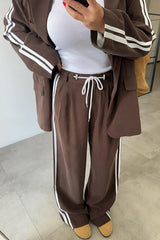 Levvie Striped Trim Long Sleeve Lapel Blazer and Rope Belt Pocketed Wide Leg Pants Set