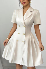 Solid Color Lapel Short Sleeve Button Waist Mini Dress