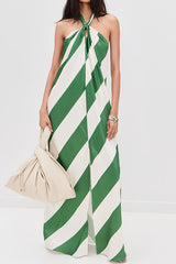 Most Dreamy Stripe Print Halter Tie-up Backless Pocket Loose Maxi Dress