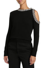 Holiday Party Knit Crystal-Embellished Cut-out Shoulder Long Sleeve Top
