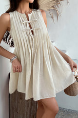 Solid Color Sleeveless Tie Pleated Casual Mini Dress