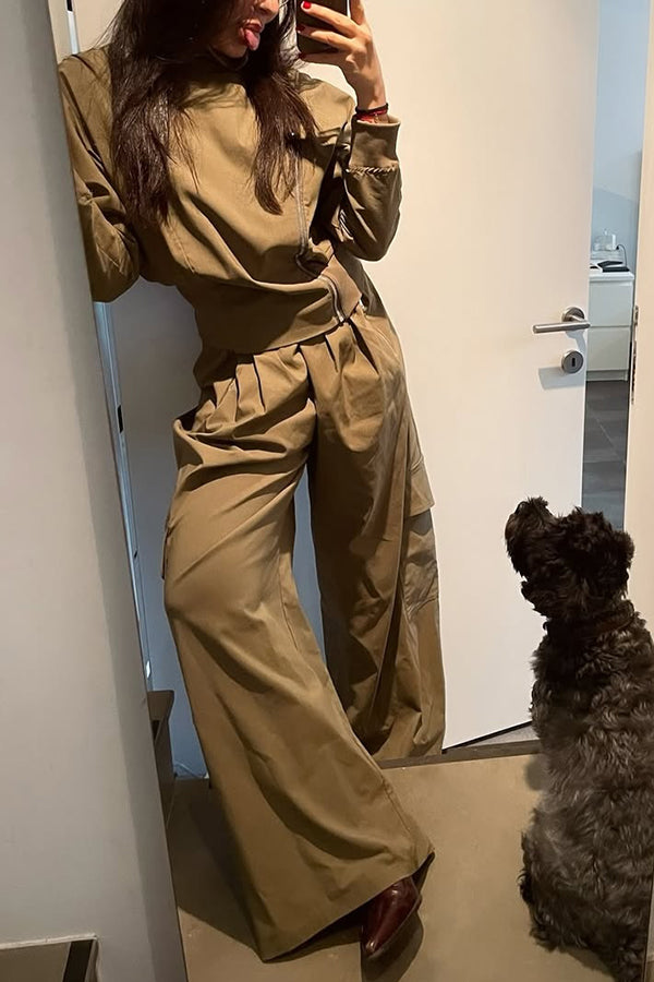 Fashionable Elastic Waist Workwear Wide-leg Pants